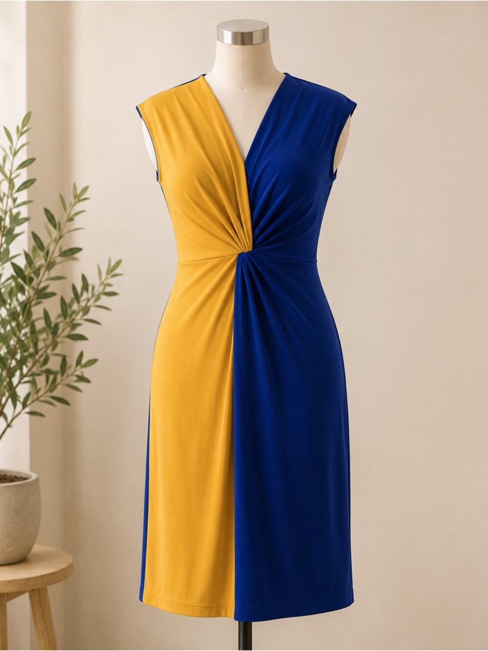 NWT Kasper Colorblock Dress 2X Blue Gold Twist Front Sheath Career E172